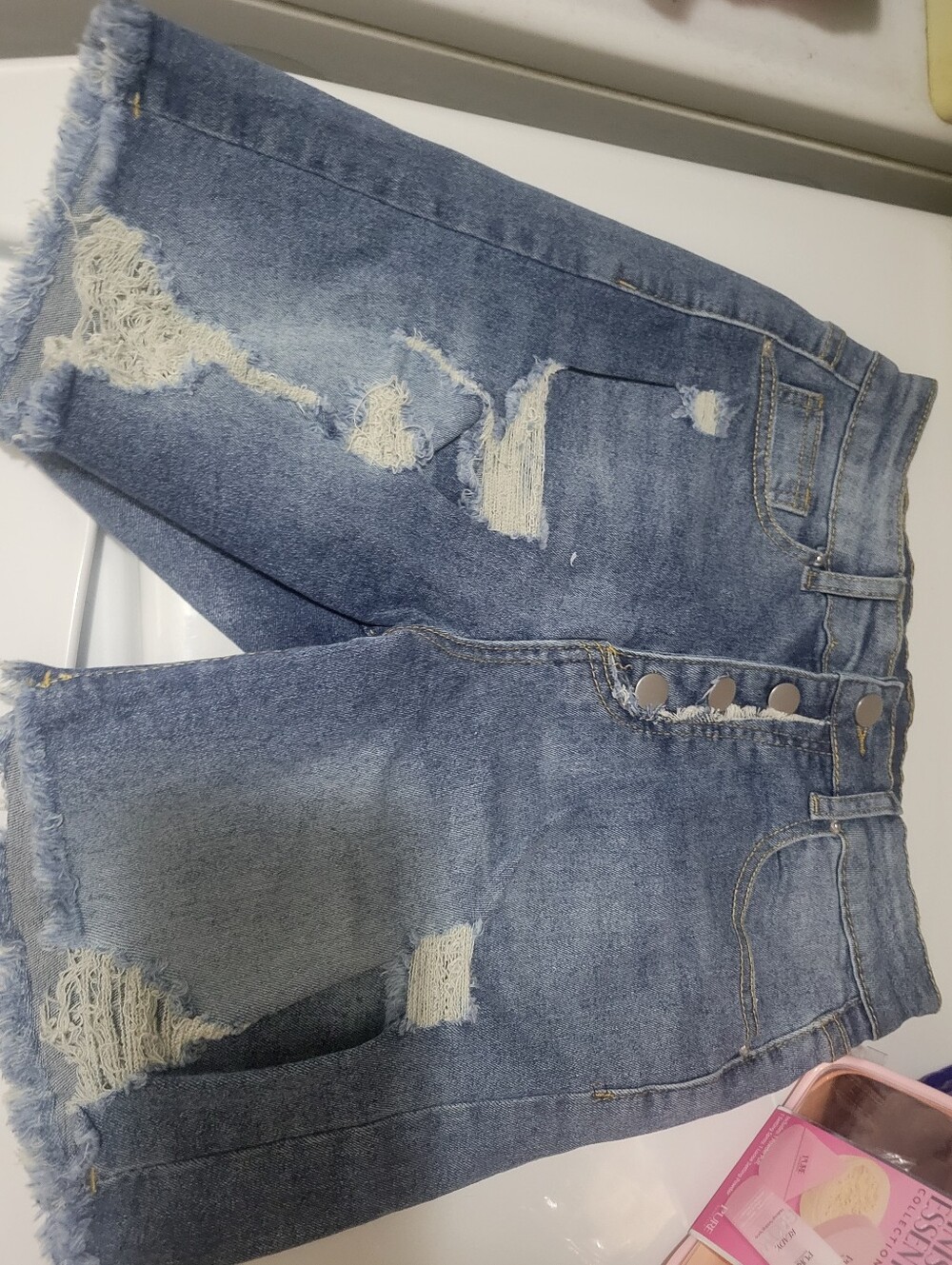 High-Waist Distressed Button-Fly Denim Shorts - Light Blue